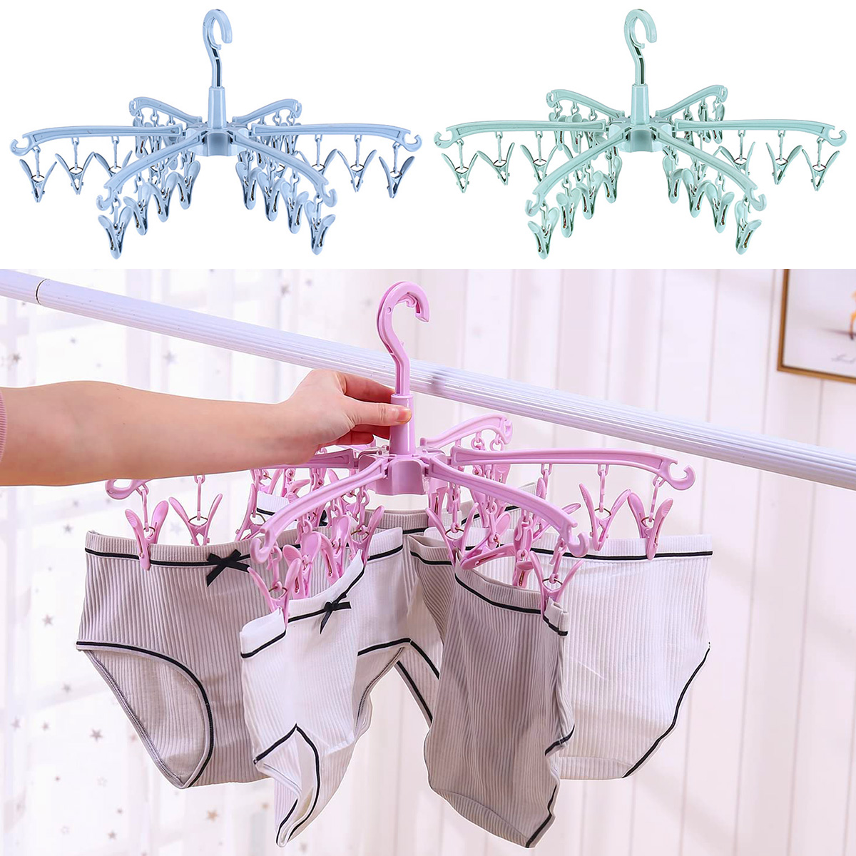 Sock Organizer Tray - Varal Dobrável com 24 Clipes, Cabide